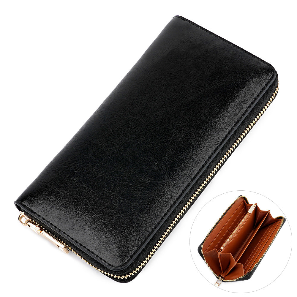 Cross-border Oil Wax Cowhide Women's Wallet Leather Long Zipper Men's Wallet Japan Amazon Explosions