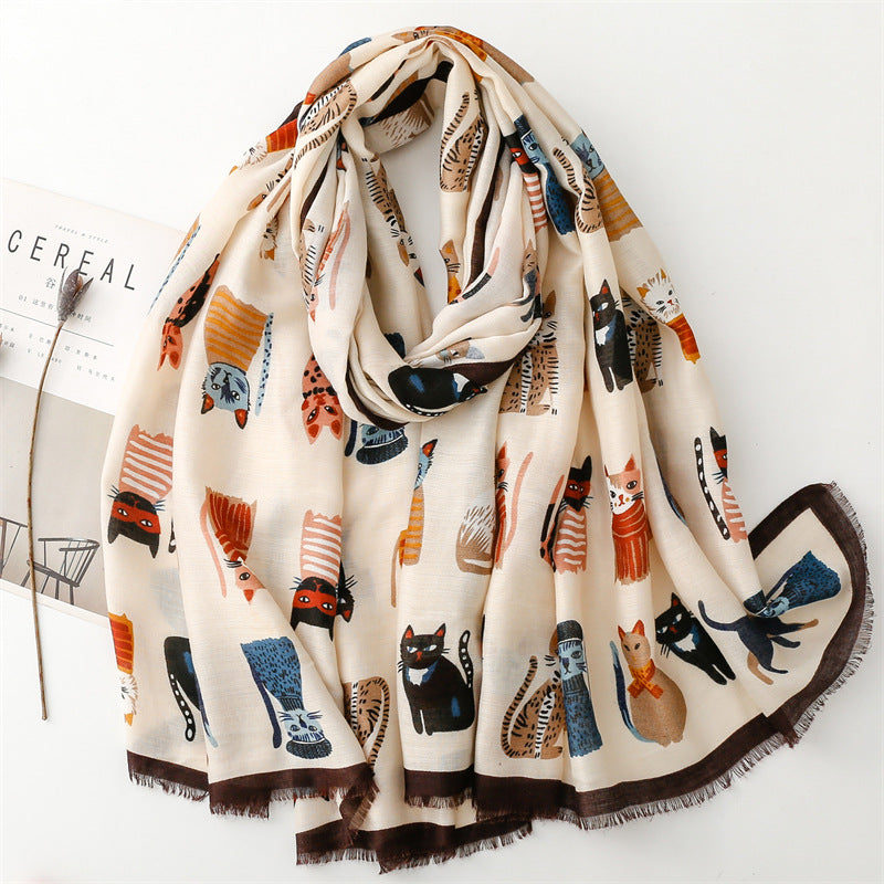 European and American exports to France for autumn and winter cotton and linen hand scarf fashion cartoon kitten combination scarf warm shawl ladies