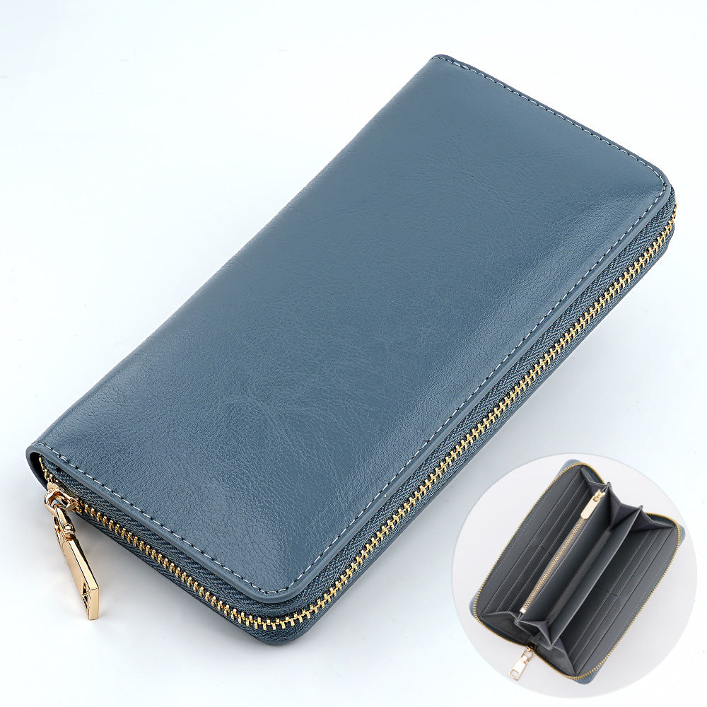 Cross-border Oil Wax Cowhide Women's Wallet Leather Long Zipper Men's Wallet Japan Amazon Explosions