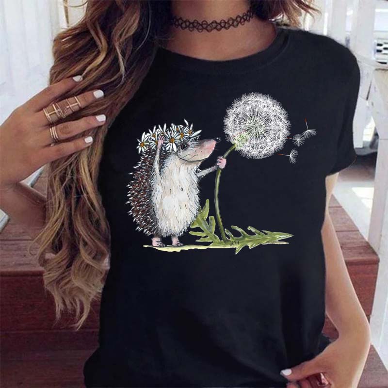 Maycaur Women's Cute Hedgehog Dandelion Print T-Shirt