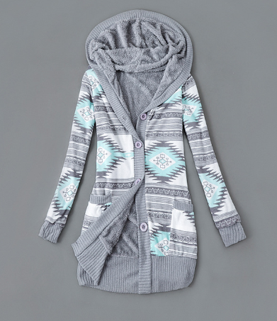 Thick Printed Hooded Knitted Cardigan Jacket