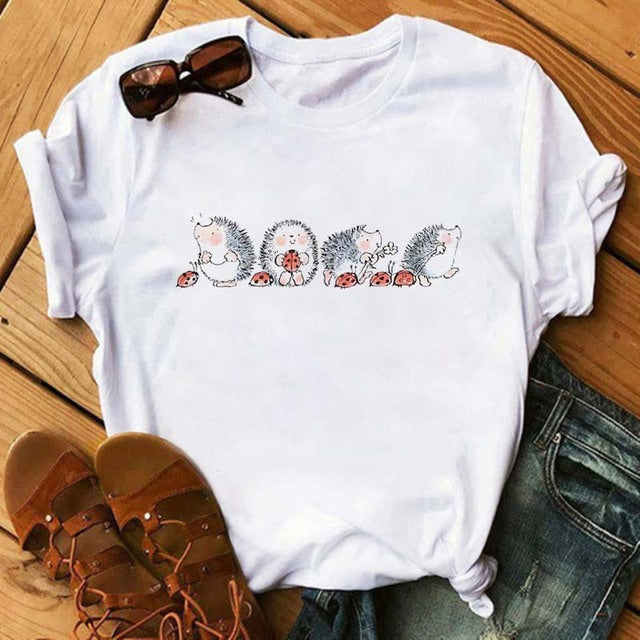 Maycaur Women's Cute Hedgehog Dandelion Print T-Shirt