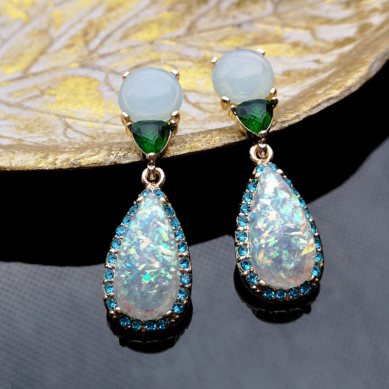 Noble Imitation Jade Opal Earrings with Emerald and Diamonds