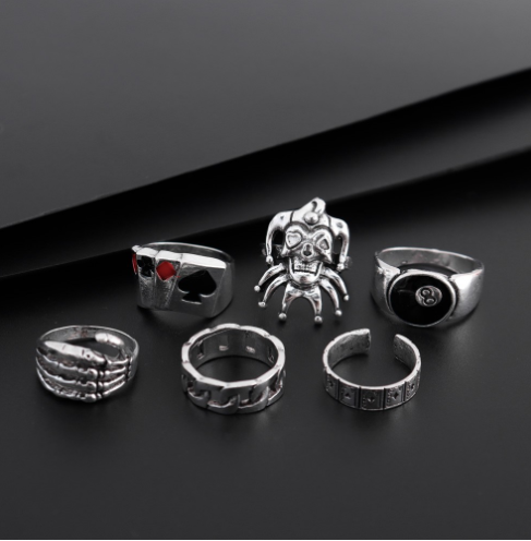 Retro Clown Drip Ring Set - 6-Piece Alloy Poker Cards