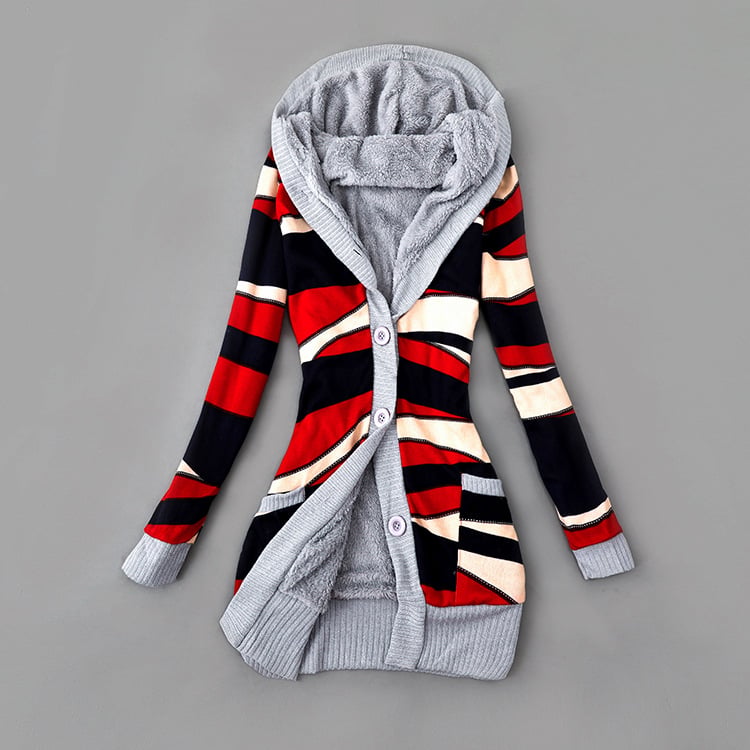 Thick Printed Hooded Knitted Cardigan Jacket