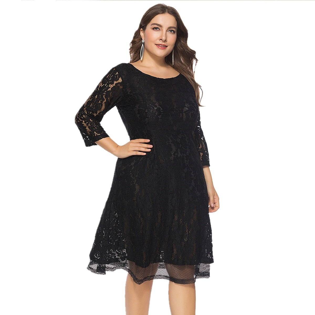 Large Size Women's Round Neck Lace Dress for All Seasons