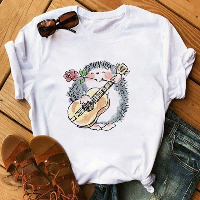 Maycaur Women's Cute Hedgehog Dandelion Print T-Shirt