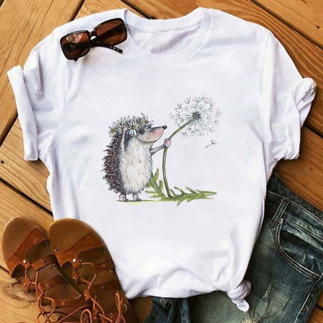 Maycaur Women's Cute Hedgehog Dandelion Print T-Shirt