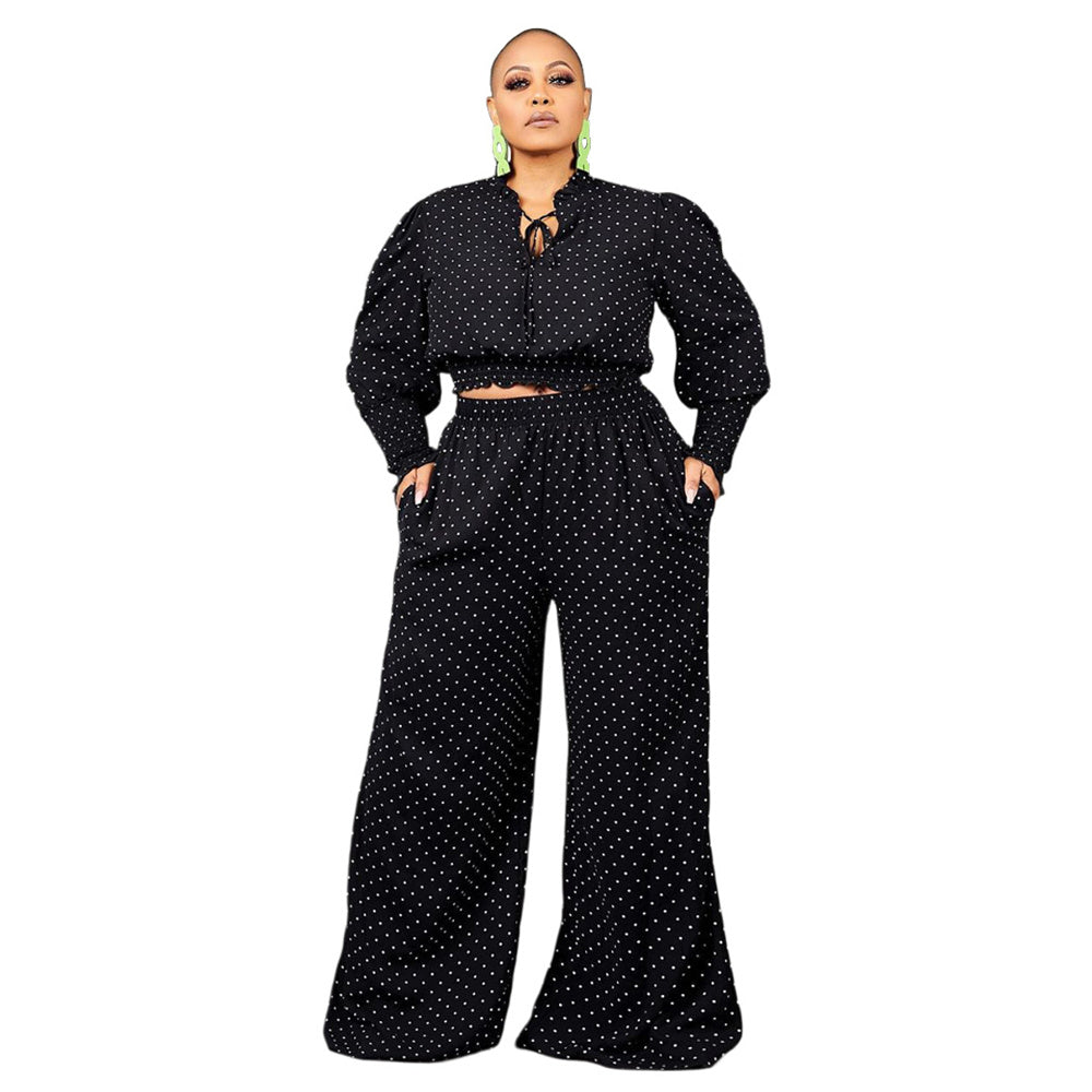Polka Dot Tie Up Wide Leg Pants Two-Piece Set