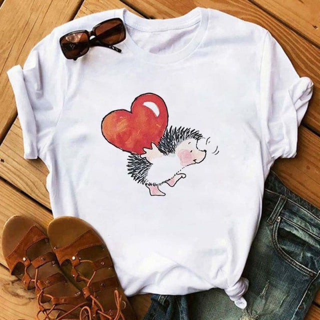 Maycaur Women's Cute Hedgehog Dandelion Print T-Shirt