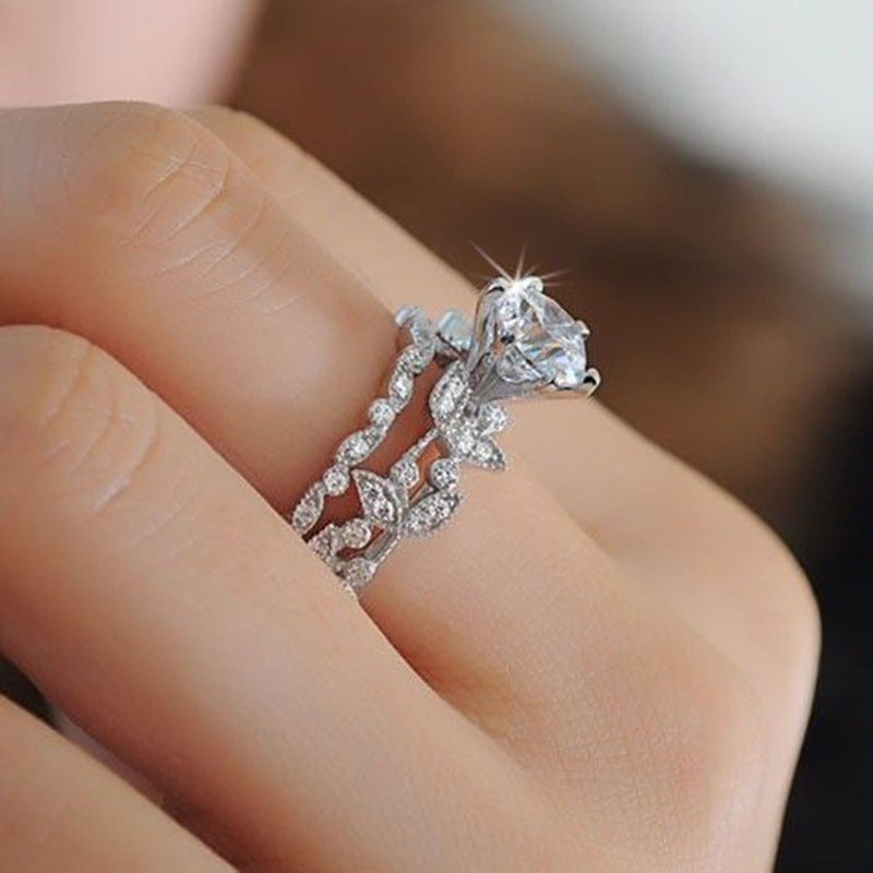New European Princess Ring Set with Diamond Leaf Design