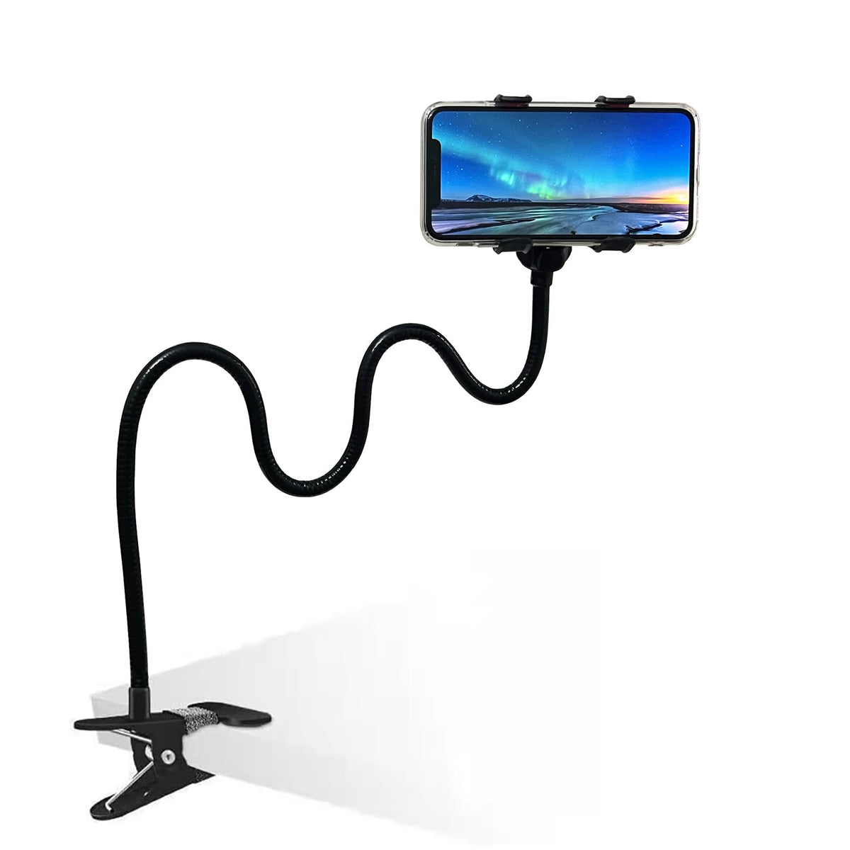 Lakibebie Lazy Bracket Universal 360 Degree Rotation Flexible Long Arms Gooseneck Cell Phone Holder Adjustable Clamp Clip Desktop Bed Mobile Phone Stand for Bedroom Office Kitchen (Black)