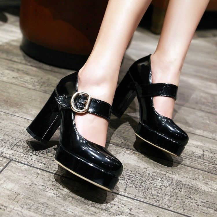 Women's Chunky Heeled Shoes with Buckle (Sizes 40-48)