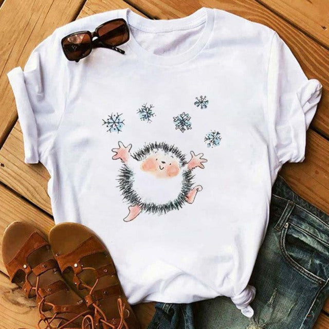 Maycaur Women's Cute Hedgehog Dandelion Print T-Shirt