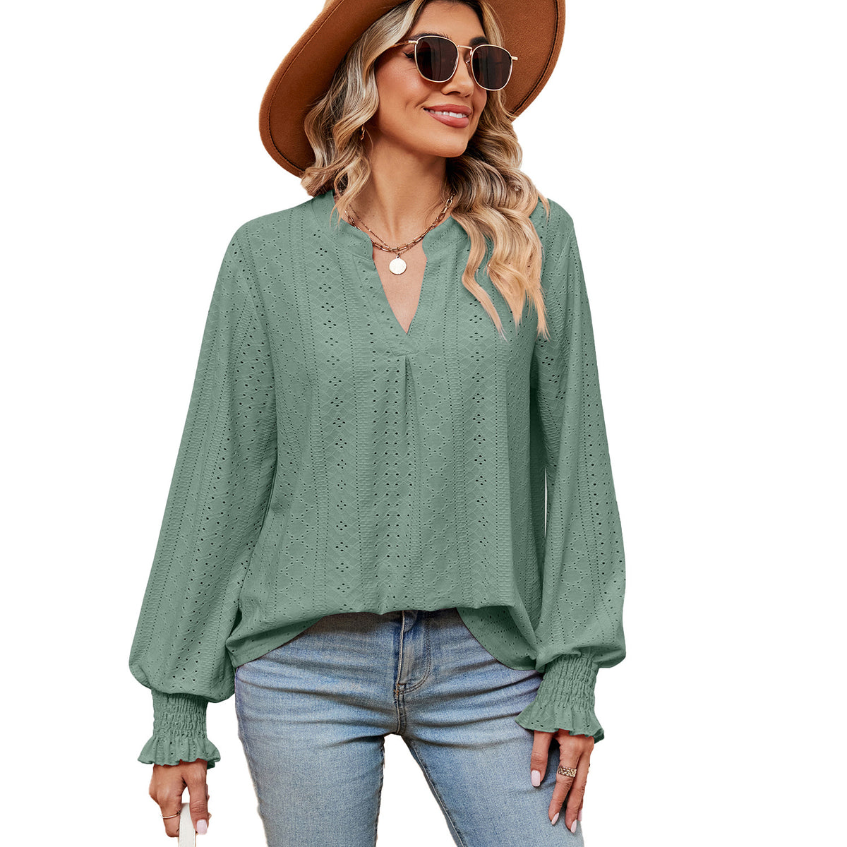 Women's Casual Loose V-Neck Long Sleeve T-Shirt