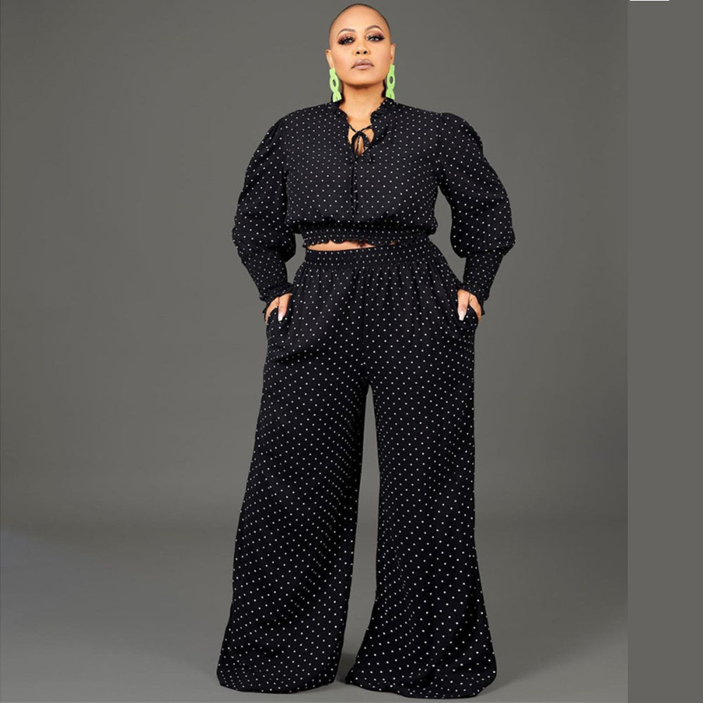 Polka Dot Tie Up Wide Leg Pants Two-Piece Set