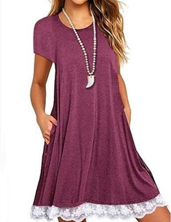 2021 Lace Panel Round Neck Short Sleeve Dress
