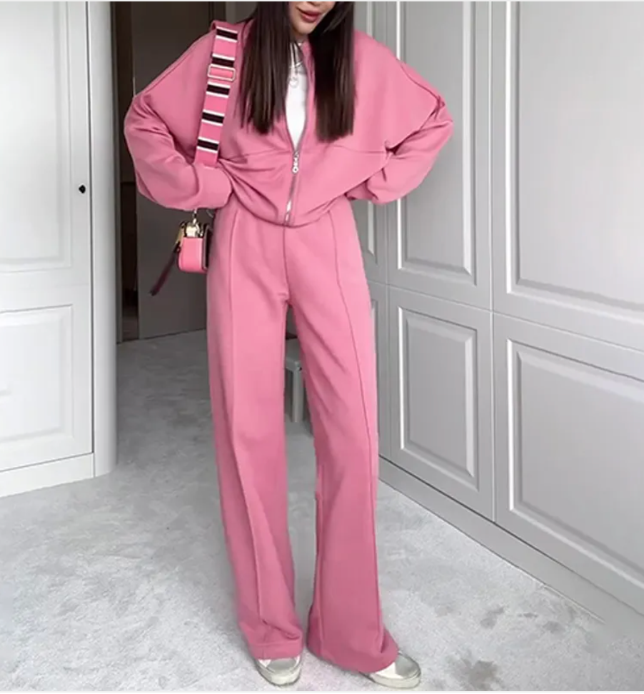 Solid Color Zip-Up Sweater and Casual Trousers Set