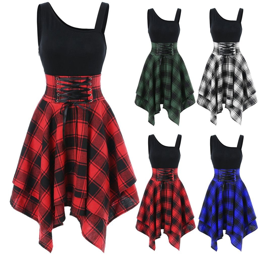 Irregular Plaid Dress with Elastic Waist and Suspenders