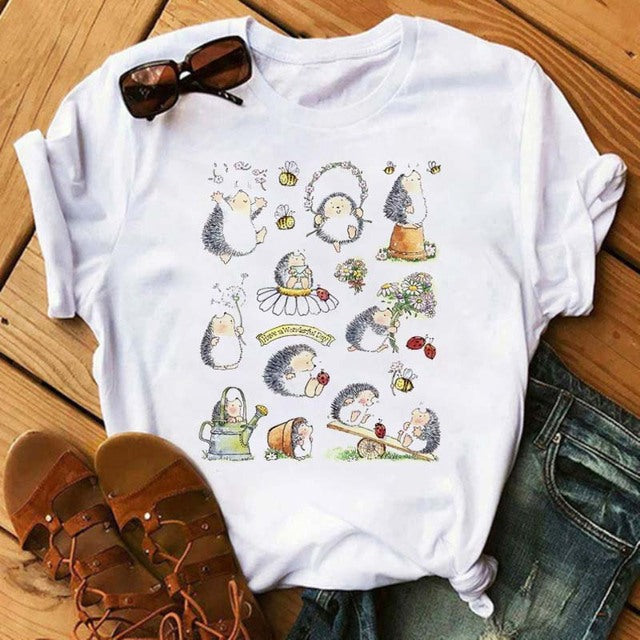 Maycaur Women's Cute Hedgehog Dandelion Print T-Shirt