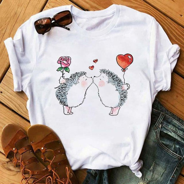 Maycaur Women's Cute Hedgehog Dandelion Print T-Shirt