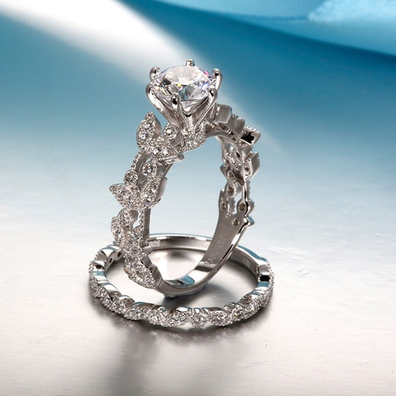 New European Princess Ring Set with Diamond Leaf Design