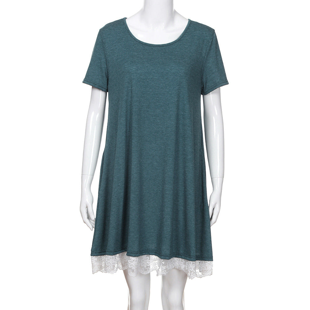 2021 Lace Panel Round Neck Short Sleeve Dress